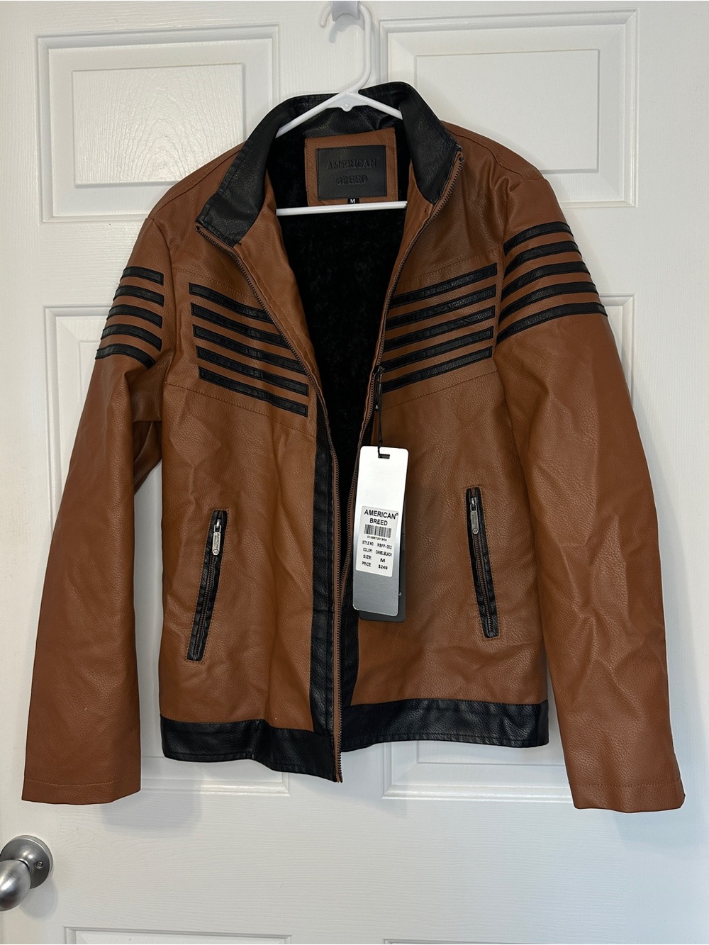 American Breed Men's Tan & Black Striped Faux Leather Jacket with Sherpa Lining